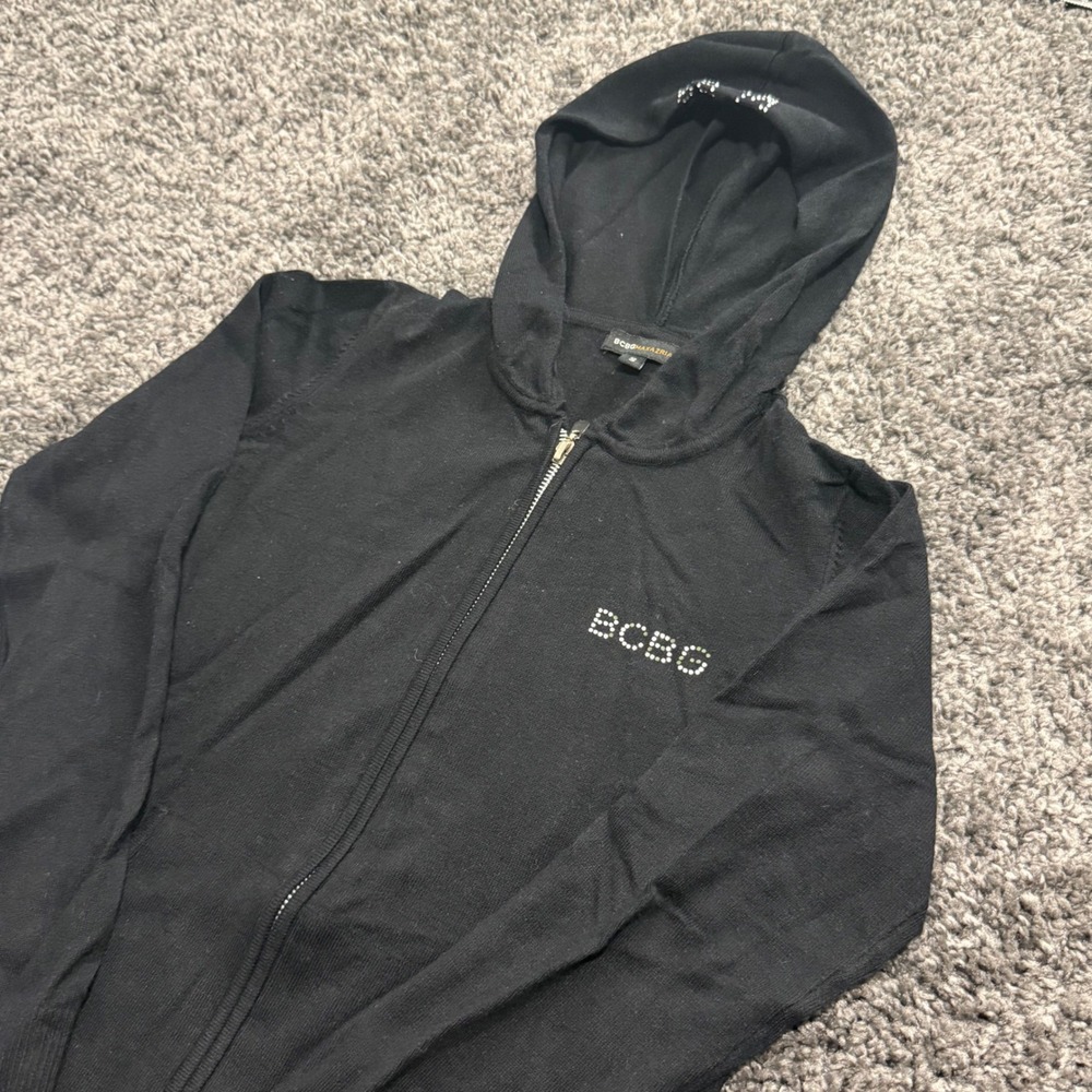 Y2K BCBGMAXAZRIA Zip Up Hoodie Womens Black Excellent Rhinestone Logo Small